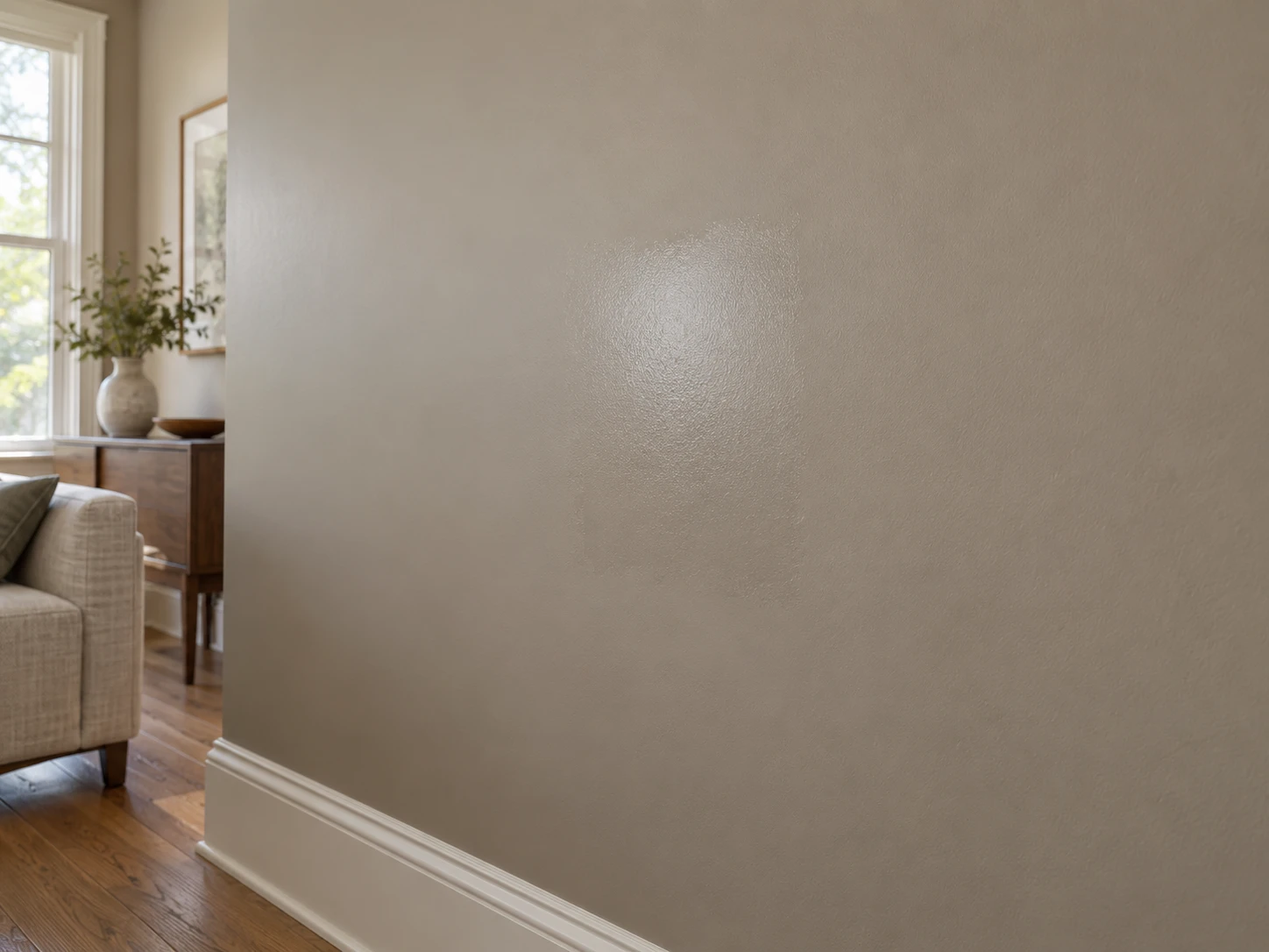 Illustrative scene of a same-color touch-up catching the window light with a glossier sheen on a taupe wall