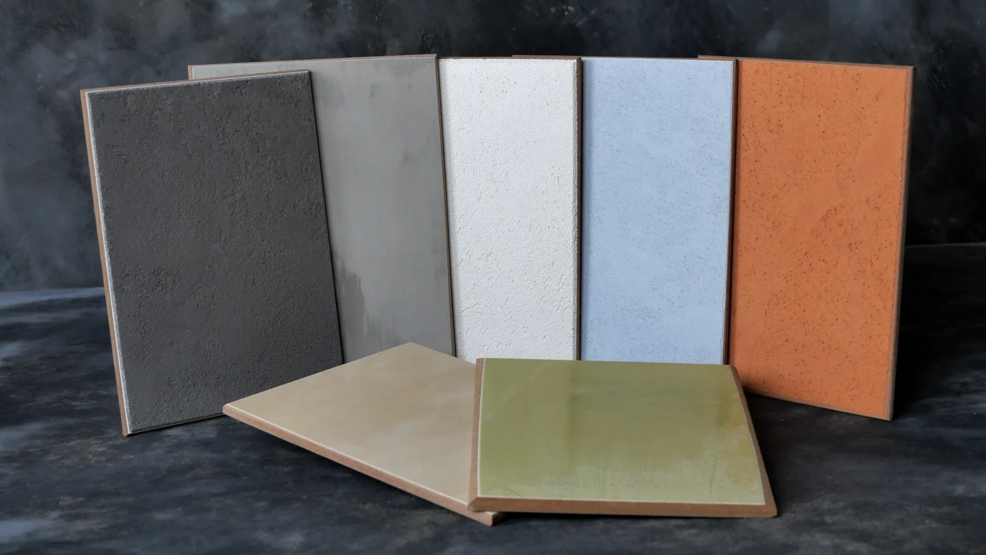 Decorative plaster sample boards for reviewing finish color and texture