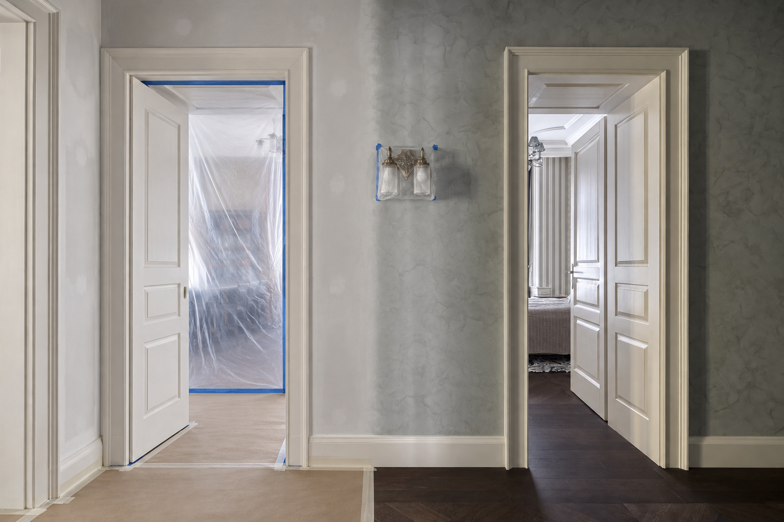 Illustrative comparison of matching doorways: carefully masked and prepared on the left, elegantly finished on the right